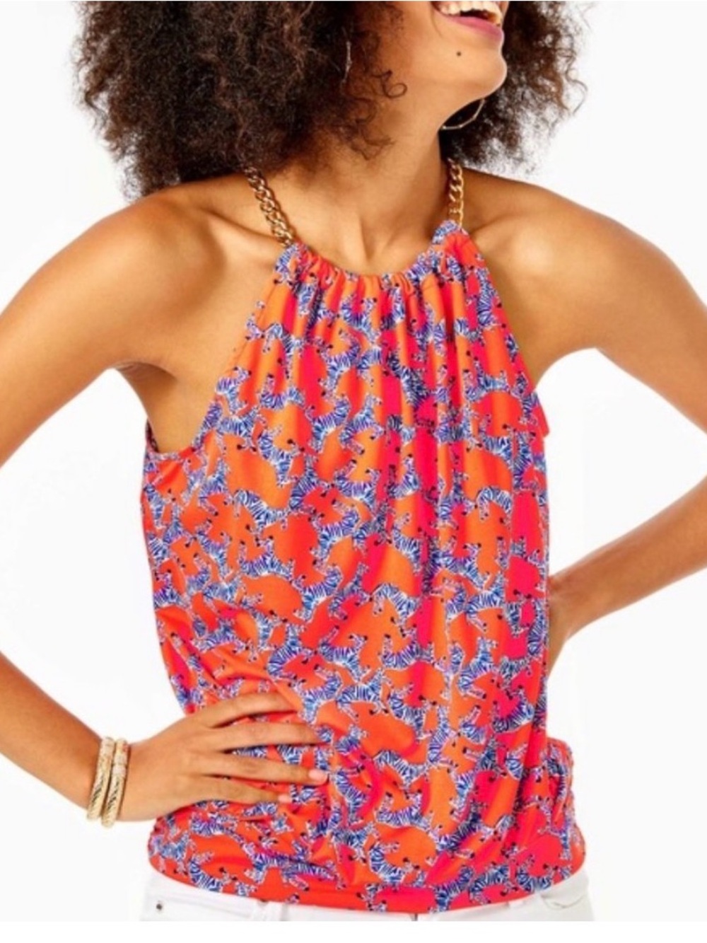 Lilly Pulitzer Bowen Orange & Blue Heebee Zeebee Print Chain Halter Camisole